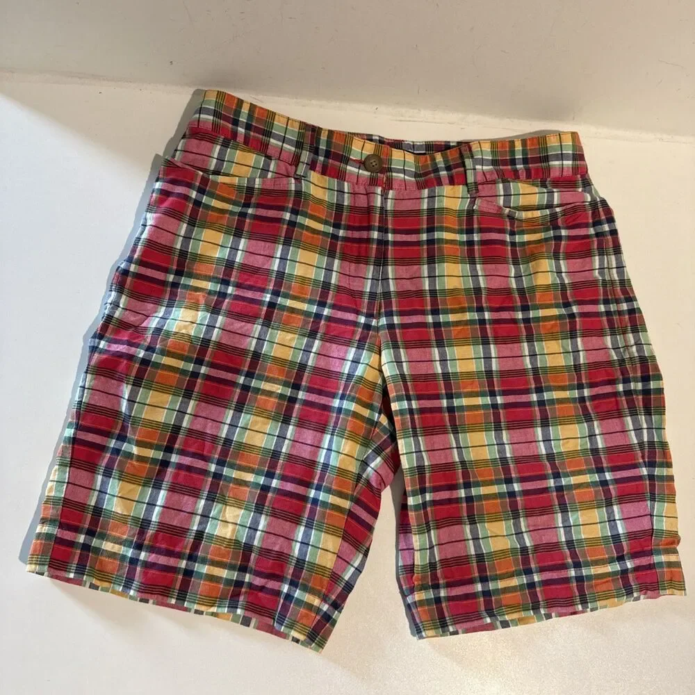 Lands End Shorts 12 Fit 2 Red Plaid Madras Bermuda Mid Rise Flat Front Preppy